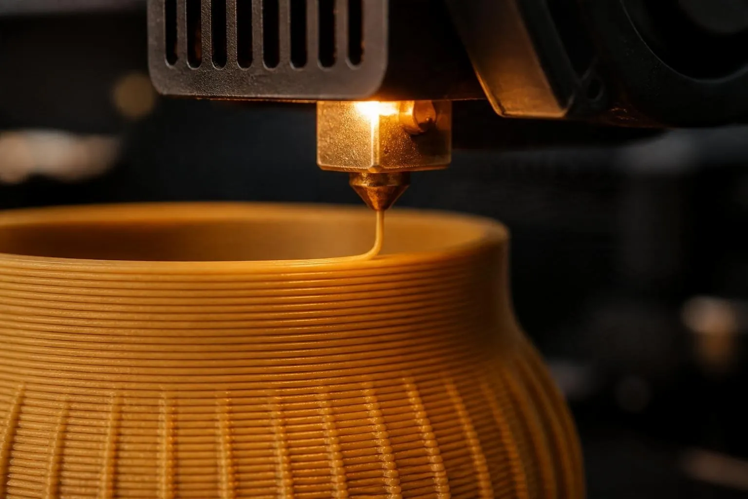 A 3D printer laying a glowing thread of ochre PLA