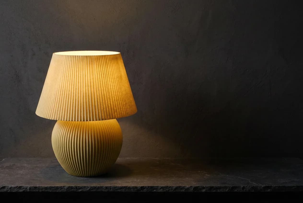 The Aurelia lamp glowing honey-gold in a dark room
