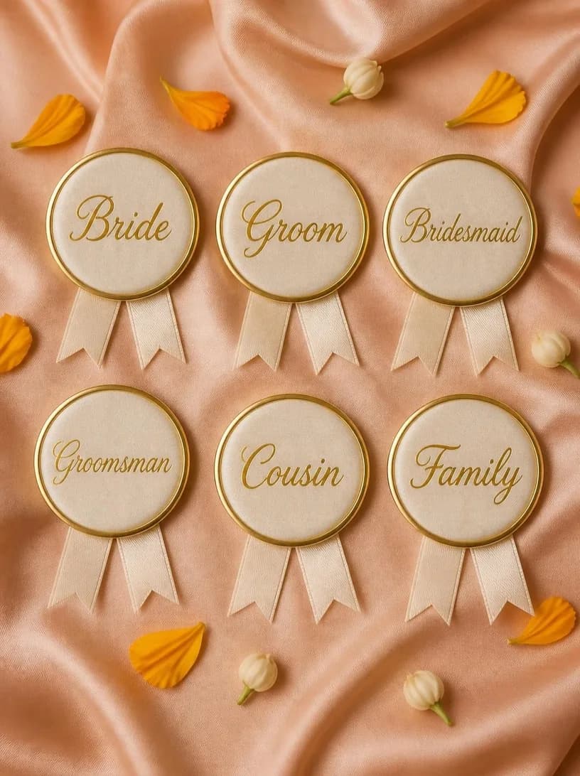 Ivory and gold wedding role badges on blush silk